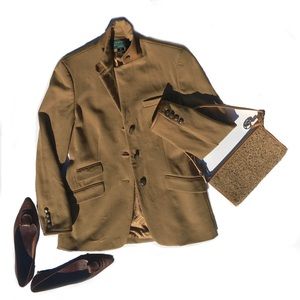 Ralph Lauren Tan Wool Blazer with Leather Collar